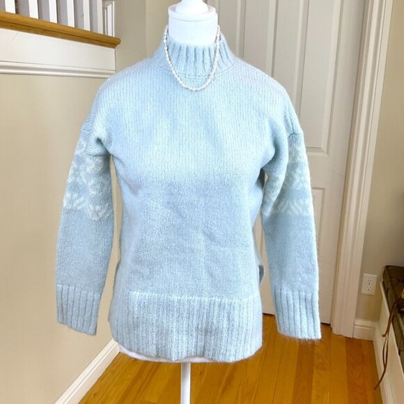 Woolovers Sweaters - Woolovers Sweater Mock Neck Wool Mohair Pale Blue White Fair Isle Sleeves (XS)